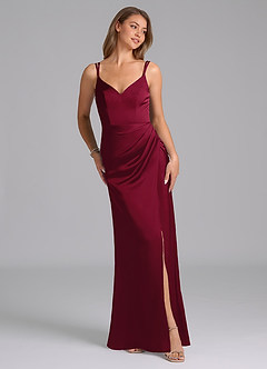 Azazie Leo Final Sale Burgundy Sheath Pleated Stretch Satin Dress image4