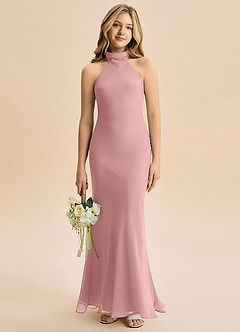 Azazie Velli Junior Meerjungfrau-Linie Hoher Kragen Chiffon Kleid Altrosa image1