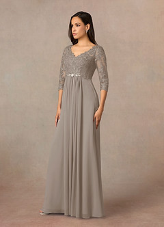 Azazie Hayek vestidos de madre de la novia Vestido de Gris Pardo de Gasa de Corte En A con Cuello en V de encaje image2