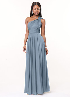 Azazie Charlize Vestidos de damas de honor Vestido de Azul Polvoriento de Malla de Corte en A con Hombro unilateral image3