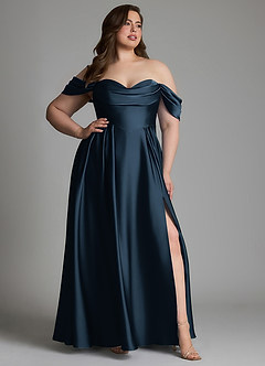 Azazie Loisa Vestidos de damas de honor Vestido Azul Marino Oscuro de Satén Elástico de Línea A con Hombros descubiertos image13