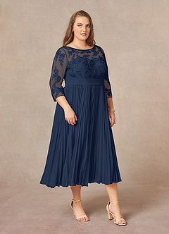 Azazie Tutu vestidos de madre de la novia Vestido de Azul Marino Oscuro de Gasa de Corte En A con Encaje cuello barco image4