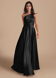 Azazie Charlize Bridesmaid Dresses Black A-Line One Shoulder Metallic Satin Dress image1