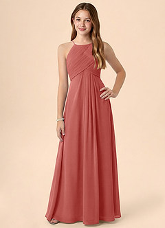 Azazie Ginny Junior Abito A-Line in Chiffon Plissettato Rosa Antica image1