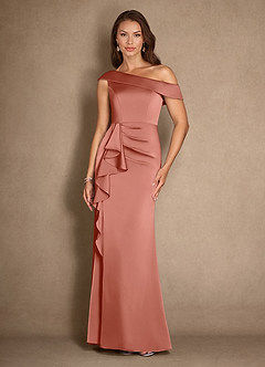 Azazie Hamptons Mother of the Bride Dresses Salmon Pink A-Line Pleated Stretch Satin Dress image1