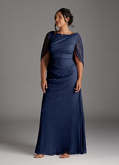 Azazie Paige Mother of the Bride Dresses Dark Navy Sheath Pleated Cape Metallic Mesh Dress image8