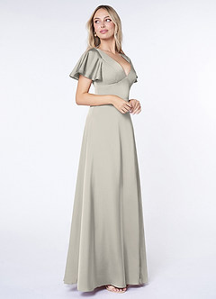 Azazie Lani Robes de demoiselle d'honneur Robe Trapèze en Satin extensible Manche à volants Galet image4