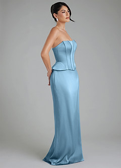 Azazie River At-home Try On Dresses Steel Blue Sheath Corset Stretch Satin Convertible Dress image7