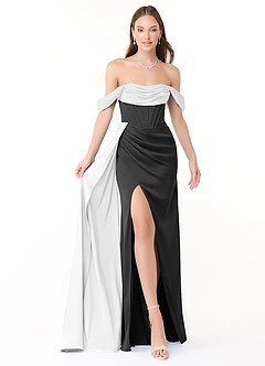 Azazie Amyra 신부 들러리 드레스 인어 오프 더 숄더 스트레치 새틴 바닥 길이 드레스 image1