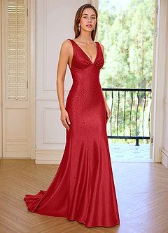 Marina Rot Meerjungfrauen-Abendkleid mit tiefem V-Ausschnitt und Falten image6