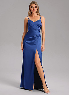 Azazie Azuree Bridesmaid Dresses Royal Blue A-Line Pleated Stretch Satin Dress image12