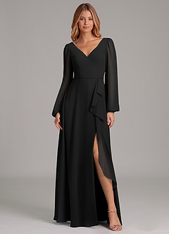 Azazie Simone At-home Try On Dresses Black A-Line Long Sleeve Chiffon Dress image3