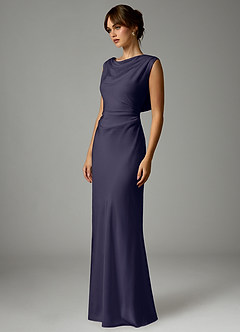 Azazie Kieryn Robes de demoiselle d'honneur Robe Sirène en Satin extensible Plissée Bleu Orageux image3