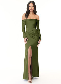 Azazie Hallie Bridesmaid Dresses Olive Sheath Off-The-Shoulder Long Sleeve Stretch Satin Convertible Dress image3