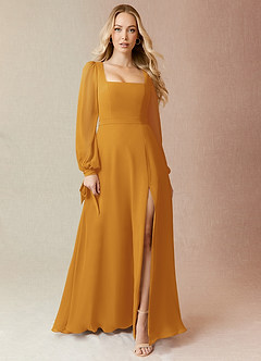 Azazie Leonia Bridesmaid Dresses Butterscotch A-Line Long Sleeve Chiffon Dress image3