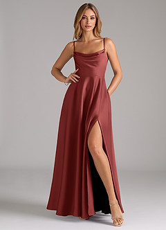 Azazie Elle Robes de demoiselle d'honneur Robe Trapèze en Satin extensible Plissé Terracotta image3