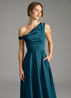 Azazie Xanthe Bridesmaid Dresses Ink Blue A-Line Off the Shoulder Stretch Satin Dress image5