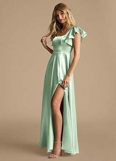 Azazie Bondi Bridesmaid Dresses Matcha A-Line Bow Metallic Satin Dress image7