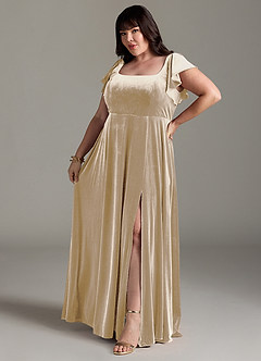 Azazie Bondi Bridesmaid Dresses Champagne A-Line Side Slit Velvet Dress image10