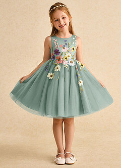 Azazie Prima Flower Girl Dresses Silver Sage A-Line Bow Tulle Dress image1