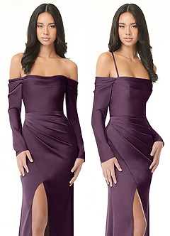 Azazie Hallie Bridesmaid Dresses Plum Mermaid Off-The-Shoulder Long Sleeve Stretch Satin Convertible Dress image9