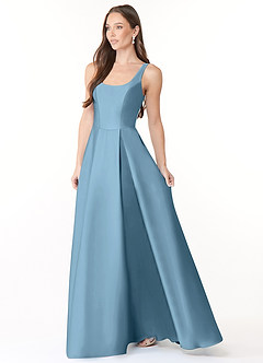 Azazie Neve Jurken voor bruidsmeisjes Jurk van Stretch Satijn met Baljurk met Zakken Staal Blauw image3