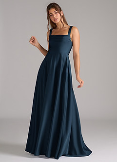 Azazie Shaude Bridesmaid Dresses Dark Navy A-Line Pleated Stretch Satin Dress image6