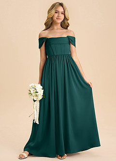 Azazie Hattie Junior Pine A-Line Pleated Stretch Satin Dress image3