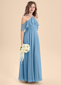 Azazie Tessabelle Junior Vestido de Azul Acero de Gasa de Corte En A con Vestidos sin tirantes image5
