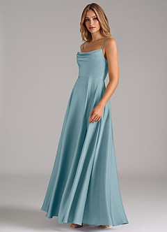 Azazie Elle Robes de demoiselle d'honneur Robe Trapèze en Satin extensible Plissée Bleu Maussade image6