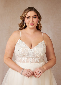 Azazie Tatiana Vestidos de novia Vestido de Blanco Diamante Champán de Tul de Corte en A con Lentejuelas cuello pico image13