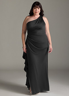 Azazie Latrice Robes de demoiselle d'honneur Robe Fourreau en Satin extensible Volants en cascade à une épaule Noir image6
