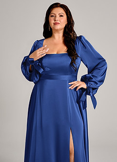 Azazie Leonia Vestidos de damas de honor Vestido de Azul Real de Satén Elástico de Corte en A con Manga larga image9