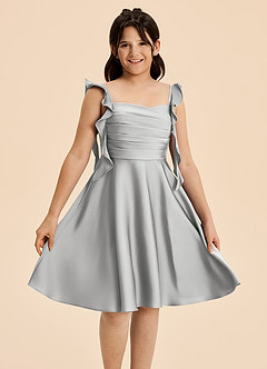 Azazie Kira Junior Vestido de Plata de Satén Elástico de Corte en A con Volante image3