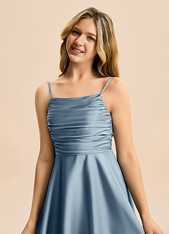 Azazie Miko Junior Dusty Blue A-Line Pleated Stretch Satin Dress image8