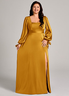 Azazie Leonia 신부 들러리 드레스 A라인 긴팔 스트레치 새틴 바닥 길이 드레스 image11