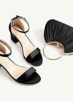 front Matching Color Metallic Satin Block Low Heel Sandals & Pleated Handbag Set