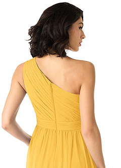 Azazie Mathilda Bridesmaid Dresses Marigold A-Line One Shoulder Chiffon Dress image5