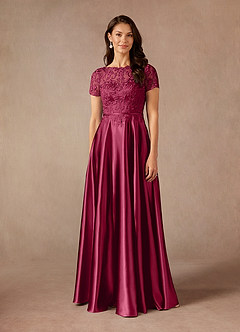 Azazie Adina Mother of the Bride Dresses Burgundy A-Line Lace Metallic Satin Dress image1