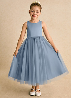Azazie Solia Robe Demoiselle D'honneur Fillette Robe Princesse en Tulle Arc Bleu Poussiéreux image2