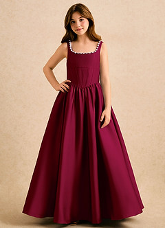 Azazie Enid Girls Formal Blomsterpigekjoler A-Line Perlebesat Stræk satin Gulv-længde Kjole image4
