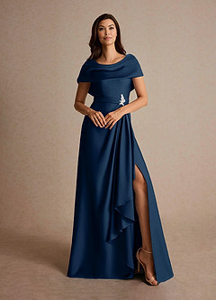 Azazie Branford Mother of the Bride Dresses Dark Navy A-Line Pleated Stretch Satin Dress image7