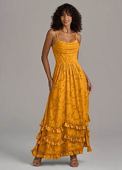 Azazie Lettie Robes de demoiselle d'honneur Robe Trapèze en Blumen-Burnout Corset Caramel écossais image1
