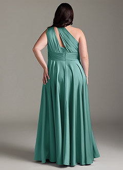 Azazie Charlize Bridesmaid Dresses Aqua A-Line One Shoulder Stretch Satin Dress image2