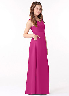 Azazie Sadia Junior Fuchsia A-Line Pleated Stretch Satin Dress image2