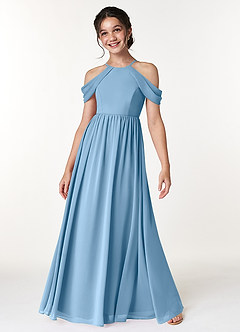 Azazie Seneca Junior Vestido de Azul Acero de Gasa de Corte en A con Vestidos sin tirantes image3