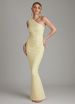 Azazie Shanice Bridesmaid Dresses Lemon Sorbet Sheath One Shoulder Premium Stretch Jersey Dress image1