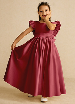 Azazie Piglette Flower Girl Dresses Pomegranate A-Line Bow Matte Satin Dress image6