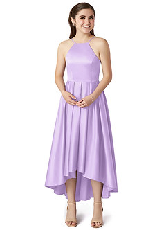 Azazie Jemima Junior A-Linie mit Taschen Stretch-Satin Kleid Flieder image4