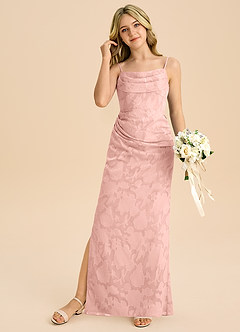 Azazie Mai Junior Powder Pink Sheath Pleated Floral Burnout Dress image3